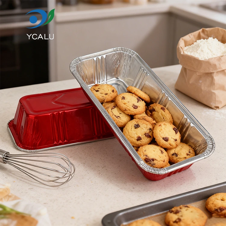 Прямоугольные красные контейнеры для пекарни из серебряной алюминиевой фольги