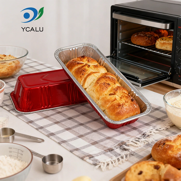 Прямоугольные красные контейнеры для пекарни из серебряной алюминиевой фольги